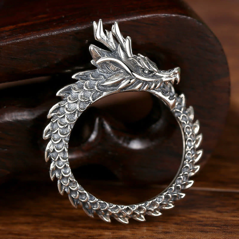 KarmaRipple's 925 Sterling Silver Vintage Dragon Success Protection Strength Adjustable Ring p1