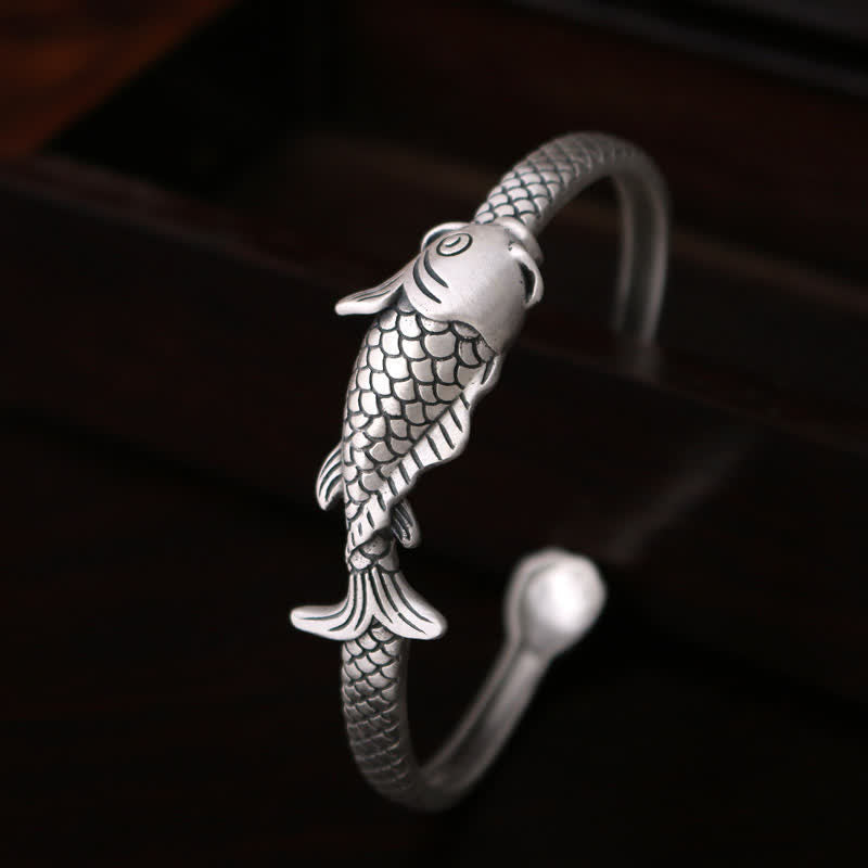 KarmaRipple's 990 Sterling Silver Koi Fish Lotus Fortune Wealth Bracelet Bangle p1