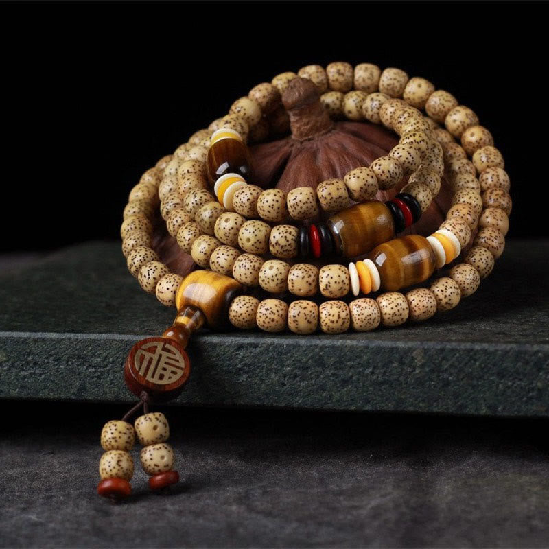 KarmaRipple's 108 Mala Beadwork Bodhi Seed Tiger's Eye Fu Character Peace Bracelet p1