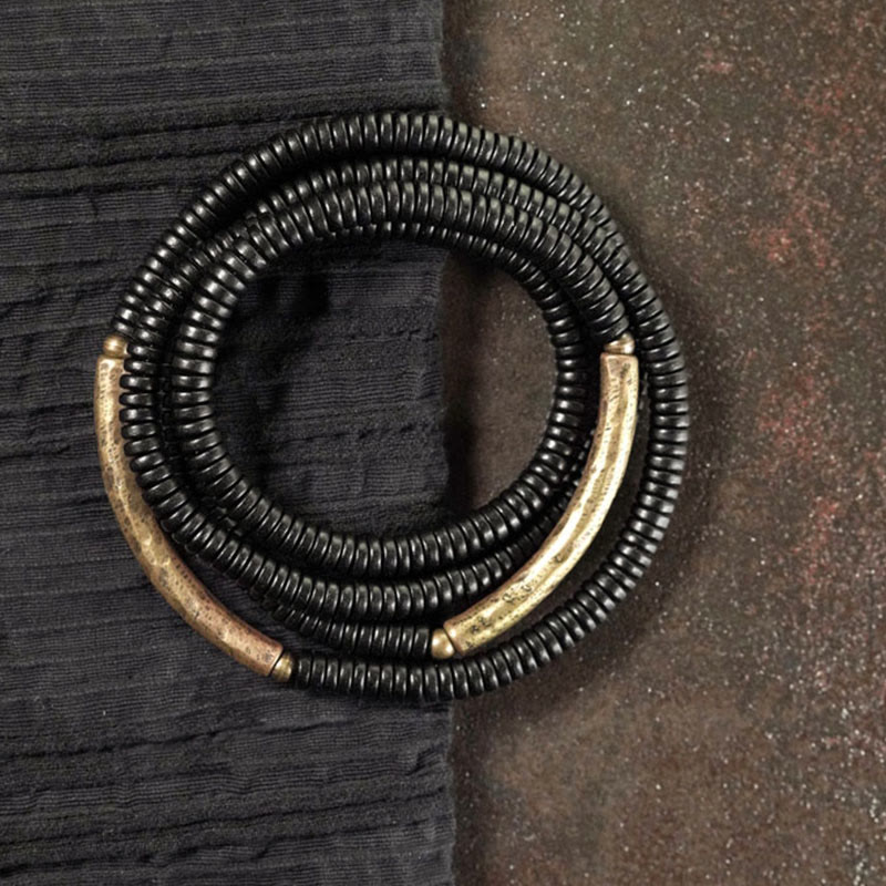 KarmaRipple's Tibetan Ebony Wood Beadwork Bronze Peace Multilayered Bracelet p1