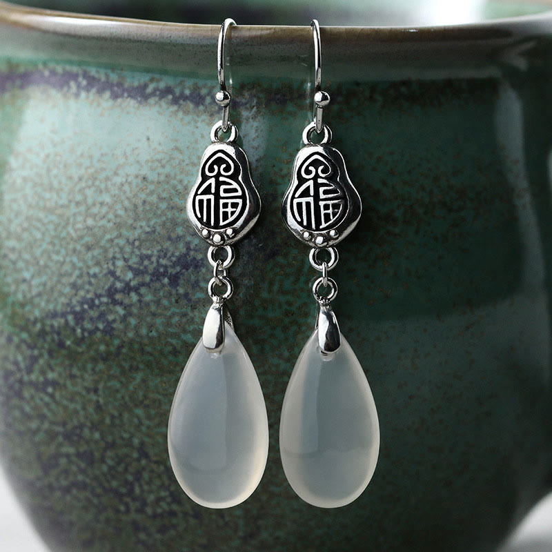 KarmaRipple's 925 Sterling Silver Posts Authentic Chalcedony Fu Character Positive Balance Earrings p1