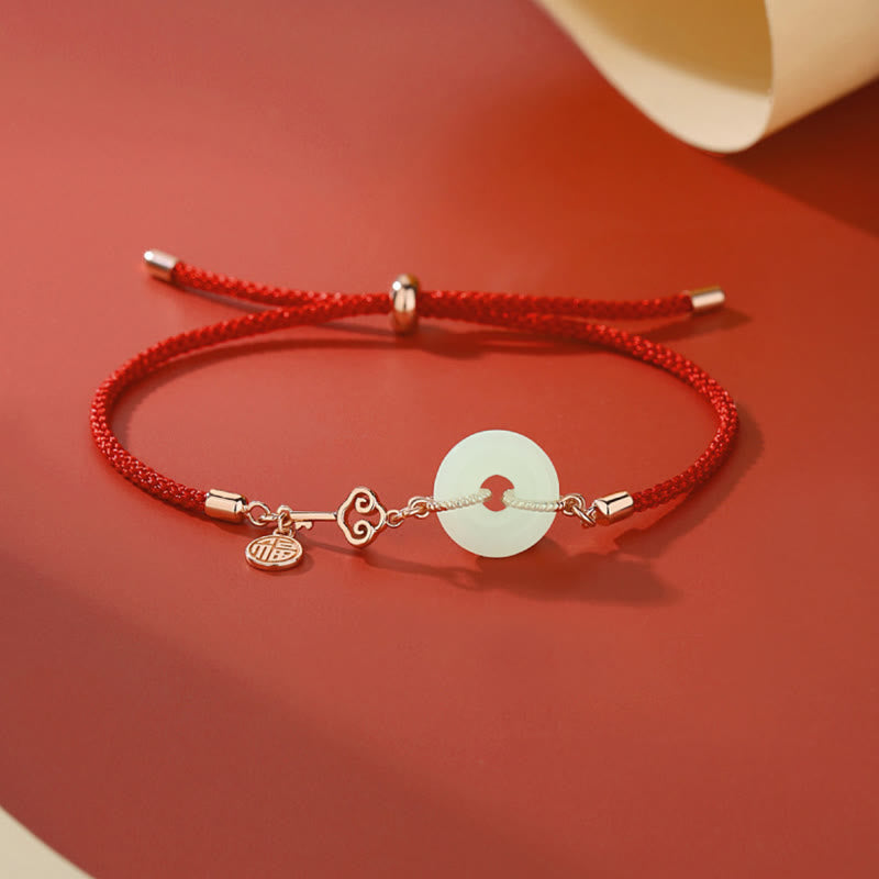 KarmaRipple's Authentic Hetian Jade Peace Buckle 925 Sterling Silver Red String Fu Character Protection Fortune Bracelet p1