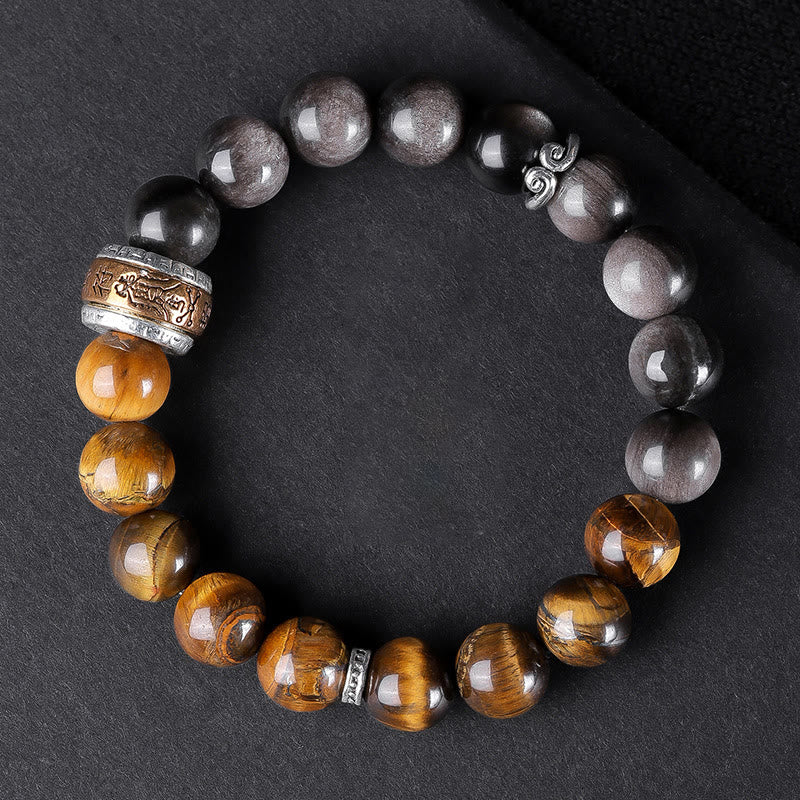 KarmaRipple's Authentic Silver Sheen Obsidian Tiger's Eye Six True Words 'Om Mani Padme Hum' Strength Bracelet p1