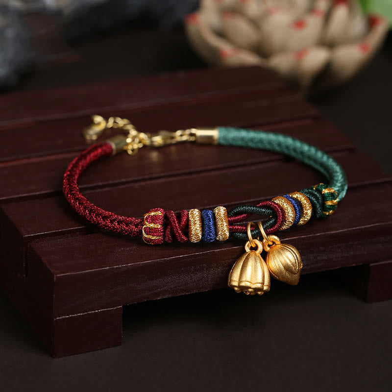 KarmaRipple's 999 Sterling Silver Lotus Pod Design Fortune Red Green String Bracelet p1