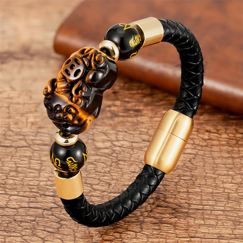 KarmaRipple's Tiger Eye Black Onyx Red Agate PiXiu Bronze Coin Om Mani Padme Hum Strength Leather Bracelet p1