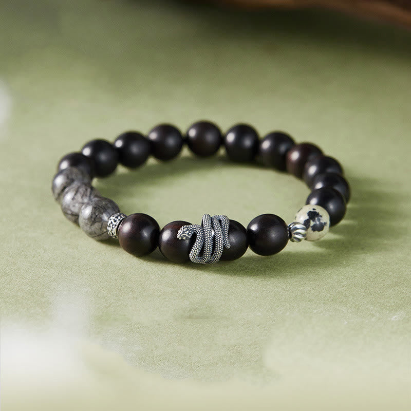 KarmaRipple's Ebony Wood Black Rutilated Quartz 925 Sterling Silver Year Of The Snake Balance Bracelet p1