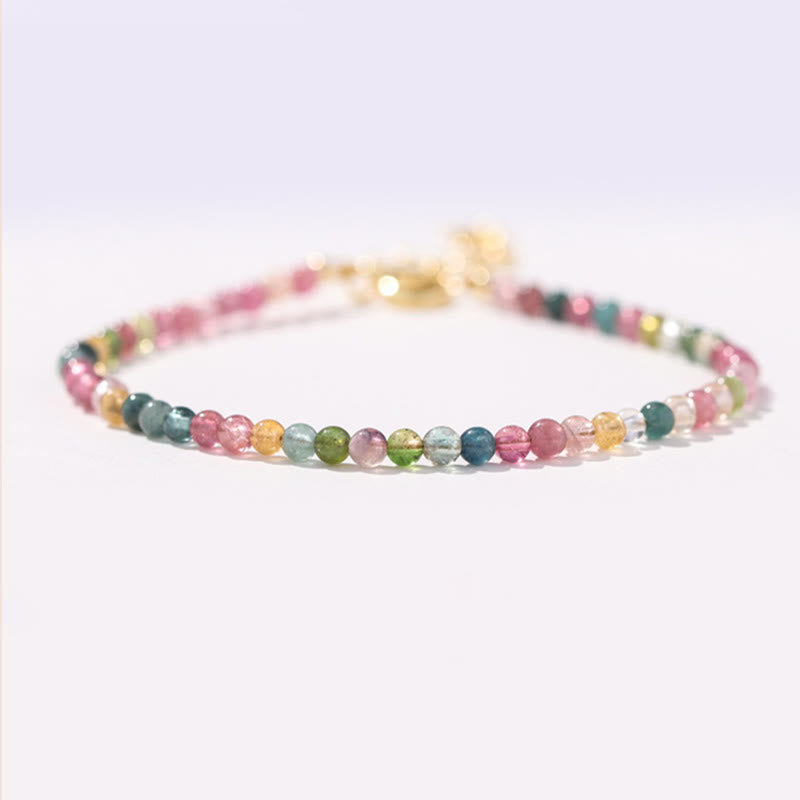 KarmaRipple's 2mm Multicolor Tourmaline Ultra-thin Beadwork 14k Gold Plated Bronze Wisdom Bracelet p1