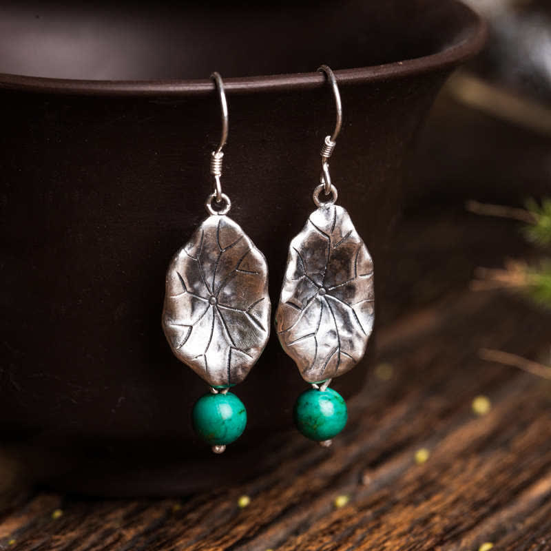 KarmaRipple's 925 Sterling Silver Turquoise Lotus Leaf Protection Drop Dangle Earrings p1
