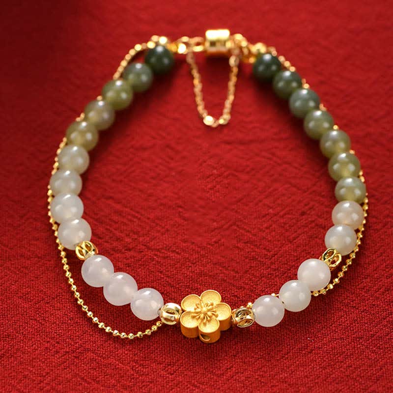 KarmaRipple's 925 Sterling Silver Authentic Hetian Jade Peach Blossom Fortune Chain Bracelet p1