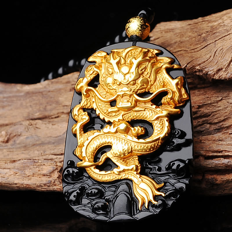KarmaRipple's 18k Gold-plated Dragon Obsidian Fortunate Necklace Pendant p1