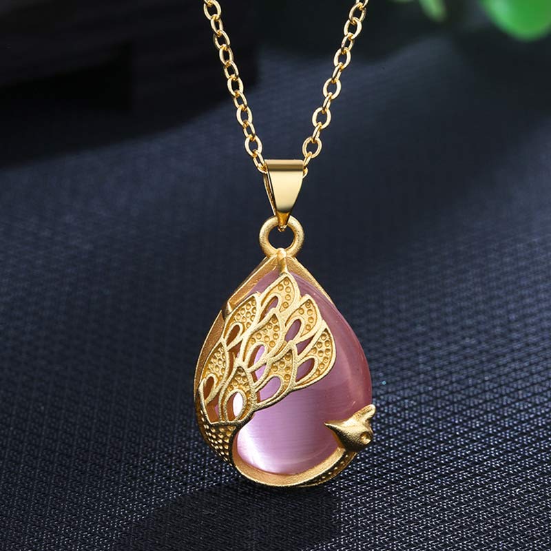 KarmaRipple's Pink Gemstone Green Chalcedony Peacock Bronze Soothing Love Pendant Necklace p1