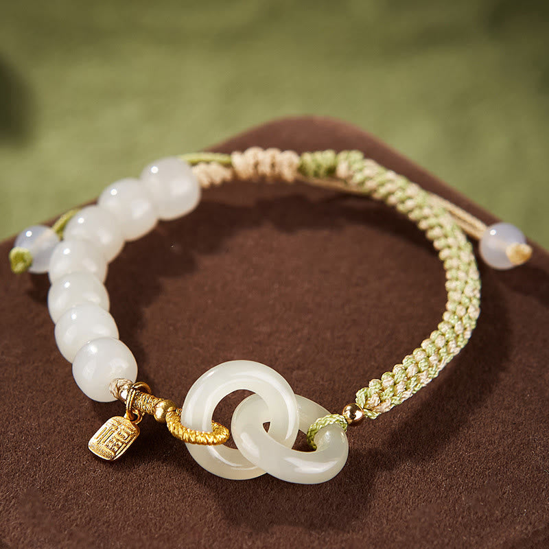 KarmaRipple's Authentic Hetian Jade Bead Double Peace Buckle Fu Character Abundance Woven Bracelet p1