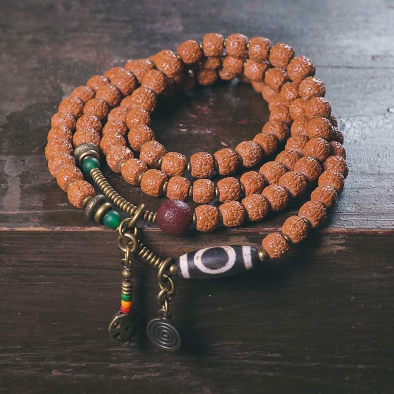 KarmaRipple's 108 Mala Rudraksha Beadwork Bodhi Seed Dzi Bead Fortune Auspiciousness Tassel Bracelet p1