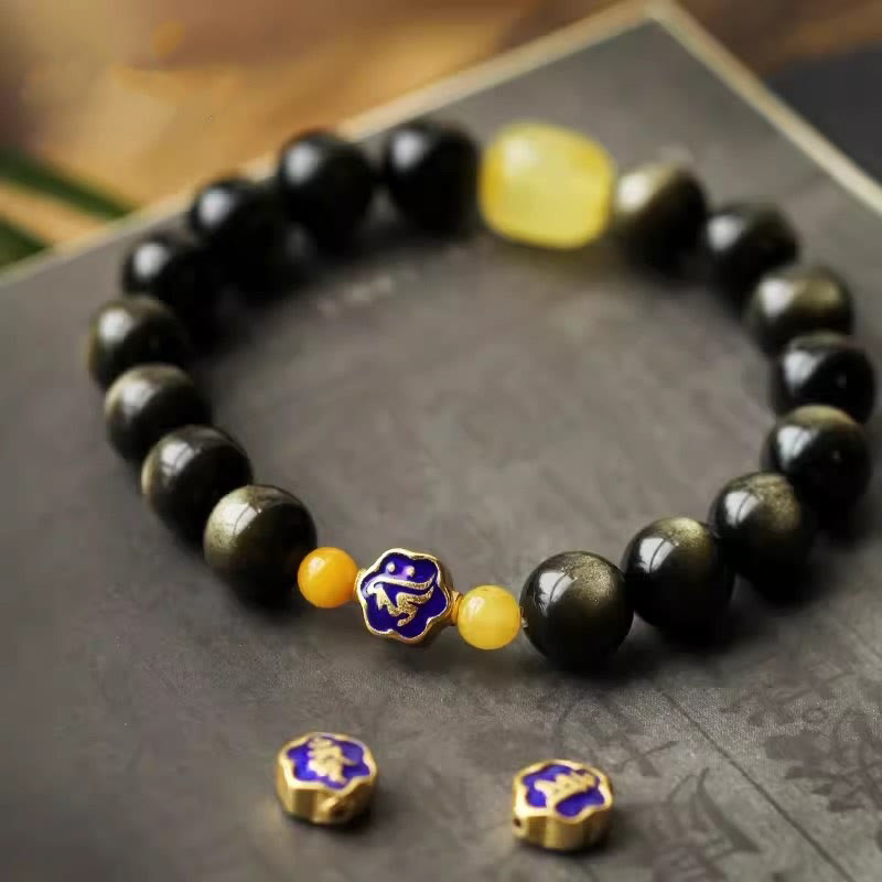 KarmaRipple's 925 Sterling Silver Chinese Zodiac Natal Buddha Authentic Gold Sheen Obsidian Amber Wealth Protection Bracelet p1
