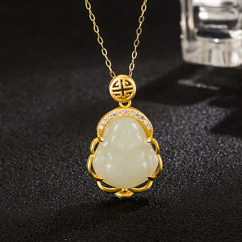 KarmaRipple's 925 Sterling Silver Laughing Buddha Hetian Ivory Jade Protection Pendant Necklace p1