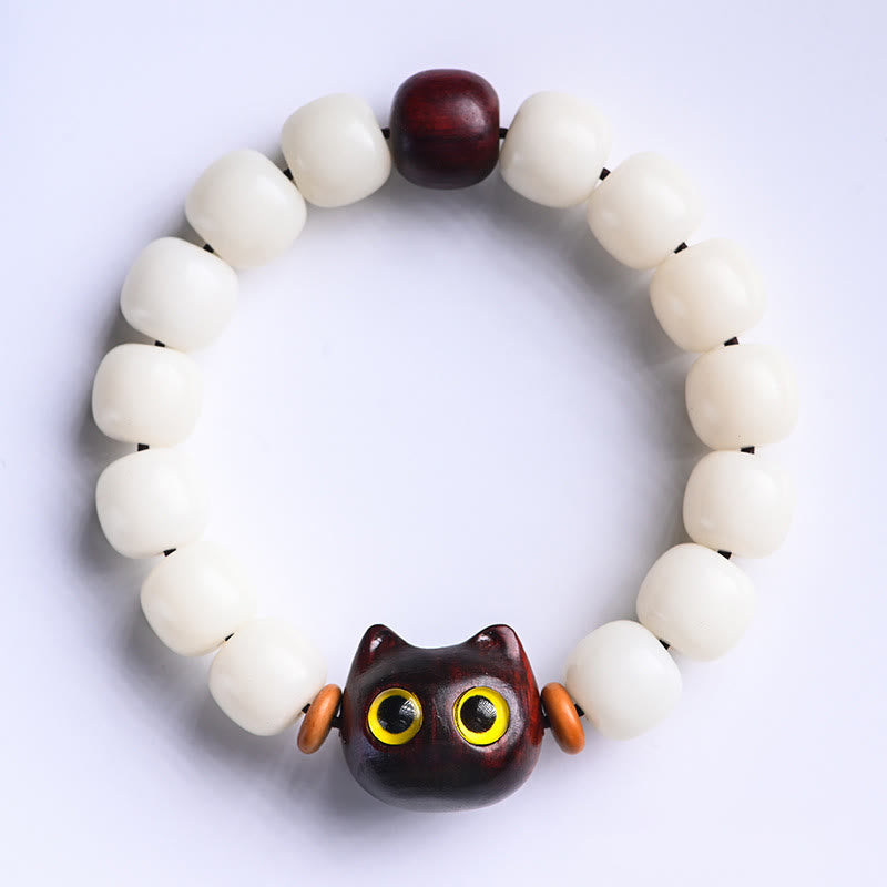KarmaRipple's Authentic Bodhi Seed Small Leaf Red Sandalwood Ebony Wood Cute Fortunate Cat Wisdom Bracelet p1