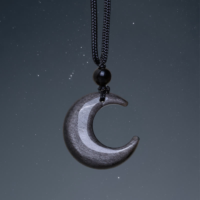 KarmaRipple's Authentic Silver Sheen Obsidian Selenite Gemstone Crescent Moon Yin Yang Pair Protection Pendant Necklace p1