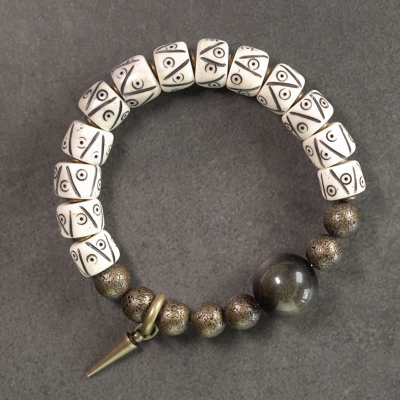 KarmaRipple's Tibetan Yak Bone Gold Sheen Obsidian Brass Bead Strength Bracelet p1