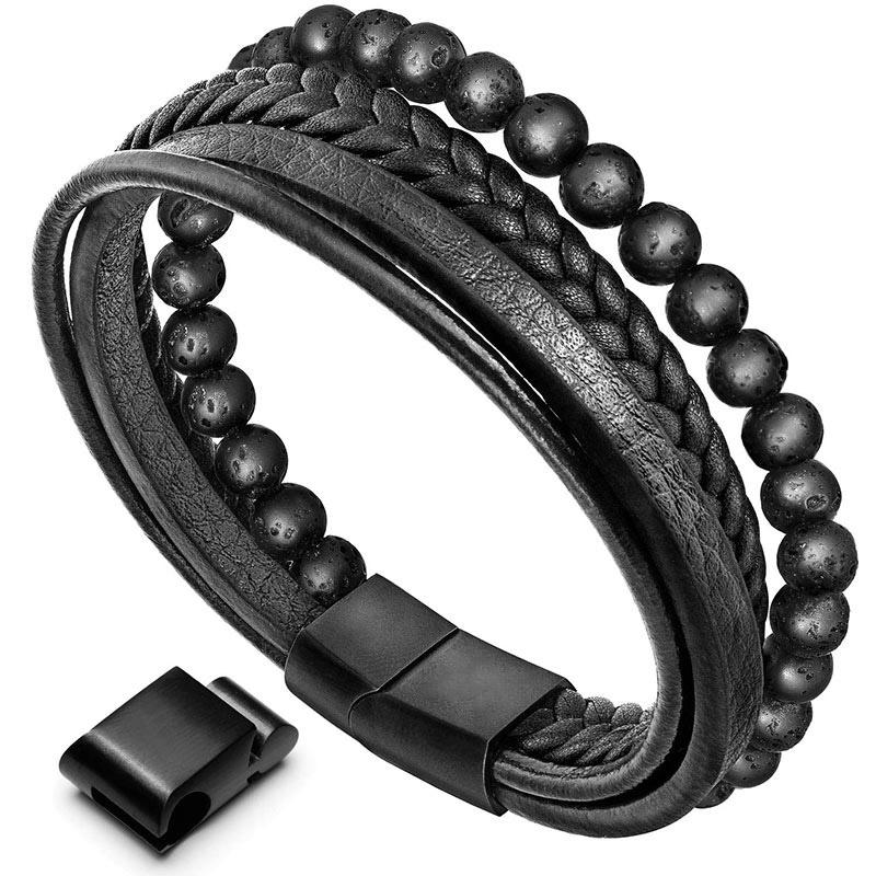 KarmaRipple's Authentic Lava Rock Black Onyx Bead Leather Bracelet p1