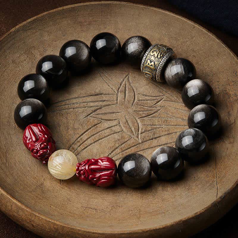 KarmaRipple's Gold Sheen Obsidian PiXiu Cinnabar Om Mani Padme Hum Protection Bracelet p1