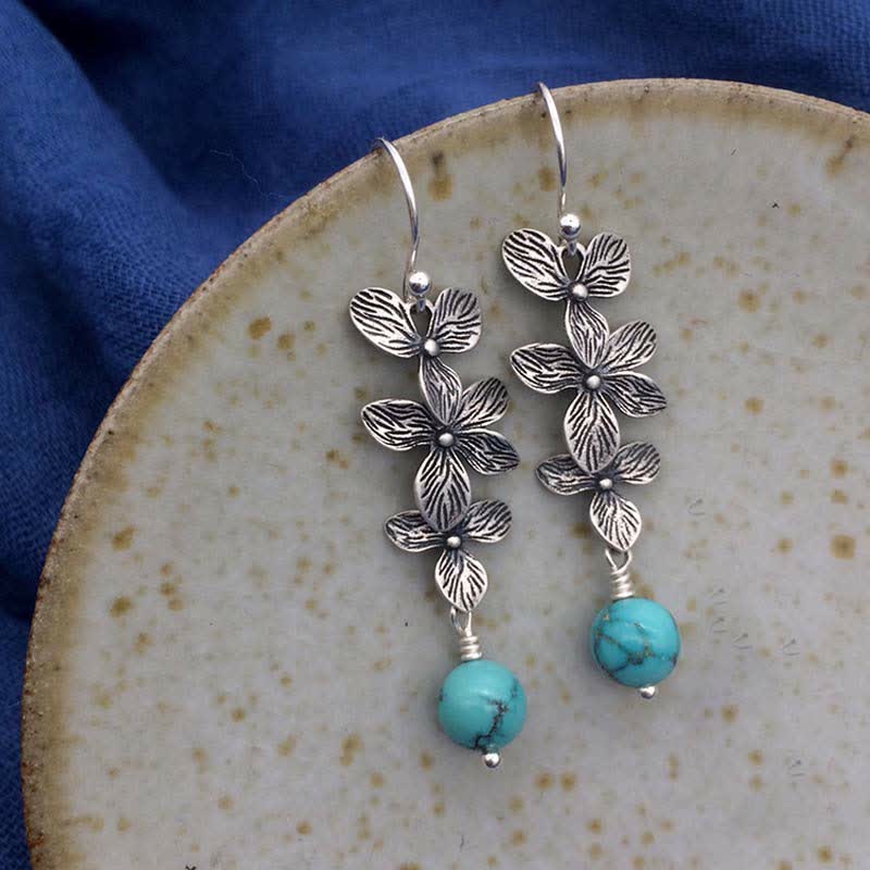 KarmaRipple's 925 Sterling Silver Turquoise Lazurite Flower Leaf Serenity Protection Hook Drop Dangle Earrings p1