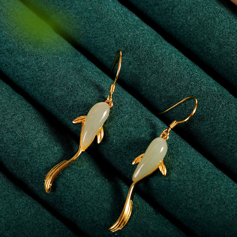 KarmaRipple's Fish Pattern Jade Fortune Dangle Drop Earrings p1