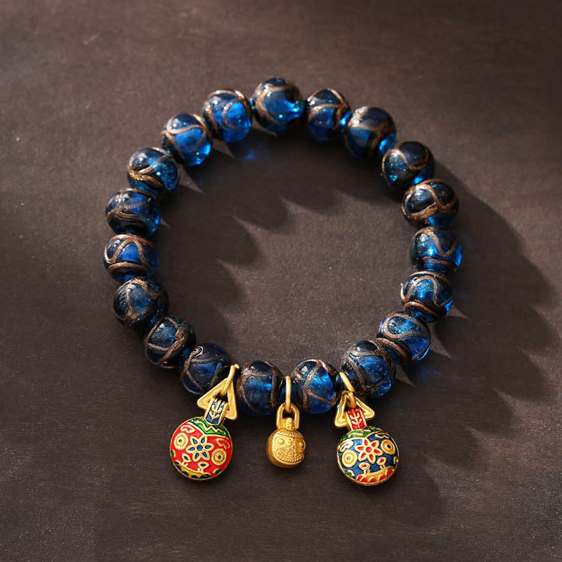 KarmaRipple's Gold Swallowing Beast Fortune Talisman Blue Liuli Glass Bead Fortune Bracelet p1