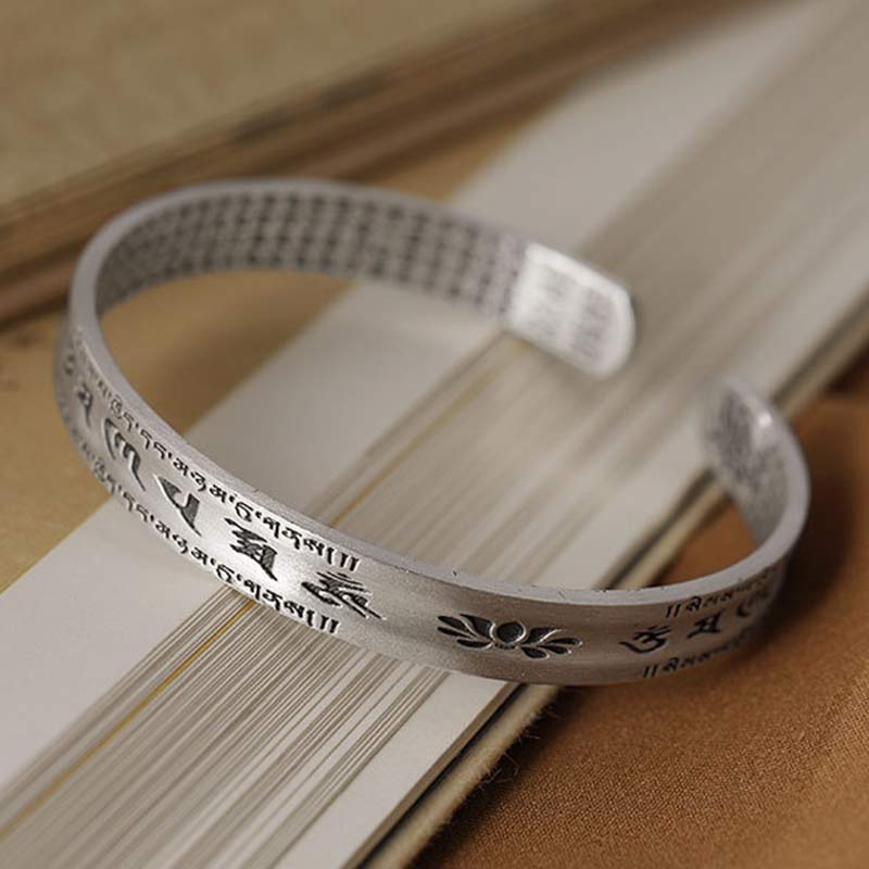 KarmaRipple's 999 Sterling Silver Om Mani Padme Hum Lotus Wisdom Bracelet Bangle p1