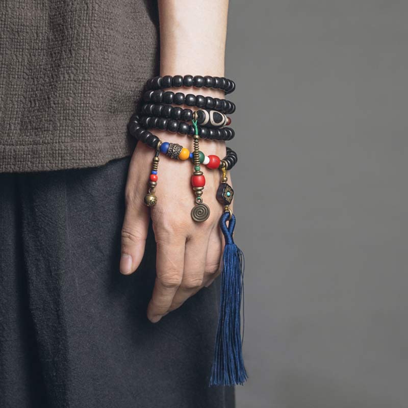 KarmaRipple's 108 Beadwork Mala Ebony Wood Dzi Bead Bronze Balance Tassel Bracelet p4