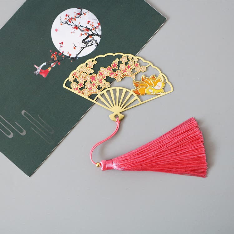 KarmaRipple's Traditional Butterfly Lotus Flower Crane Dragon Phoenix Fox Koi Fish New Beginning Metal Brass Hollow Fan Bookmarks p8
