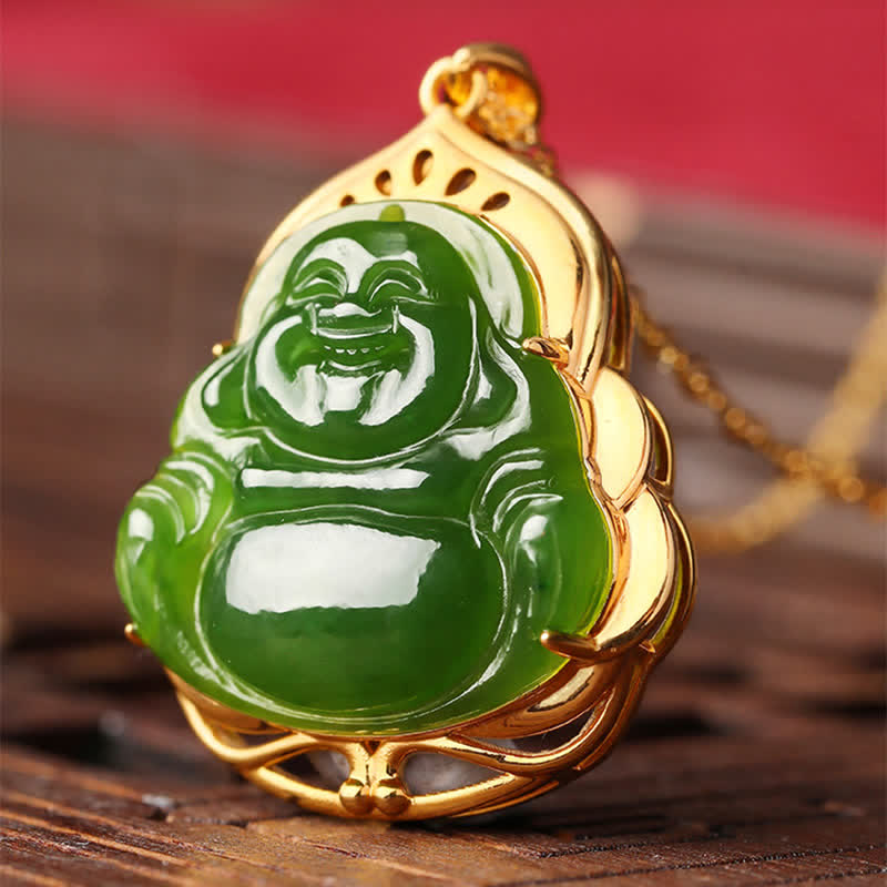 KarmaRipple's 925 Sterling Silver Authentic Hetian Cyan Jade Laughing Buddha 18K Gold Balancing Pendant Chain Necklace p7