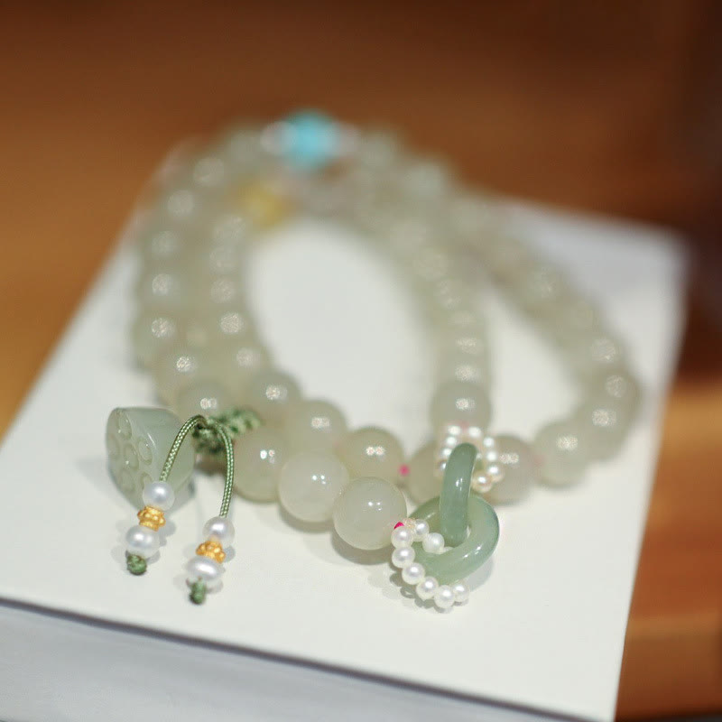 KarmaRipple's 925 Sterling Silver Hetian Jade Double Peace Buckle Lotus Fortune Double Wrap Bracelet p7