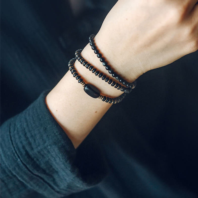 KarmaRipple's Rainbow Obsidian Ebony Wood Bronze Balancing Triple Wrap Bracelet p15