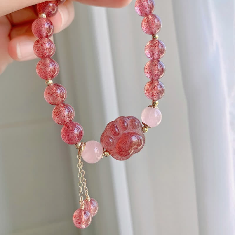 KarmaRipple's Authentic Strawberry Quartz Pink Gemstone Fortunate Cat Paw Love Bracelet p5