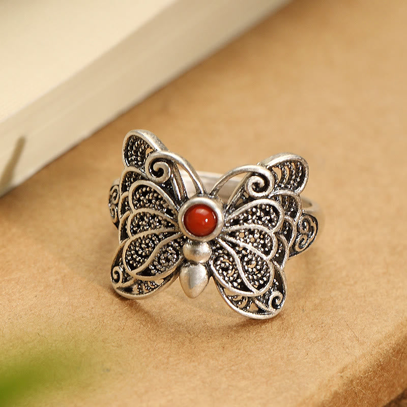 KarmaRipple's 925 Sterling Silver Red Agate Butterfly Self-acceptance Ring Earrings Set p2