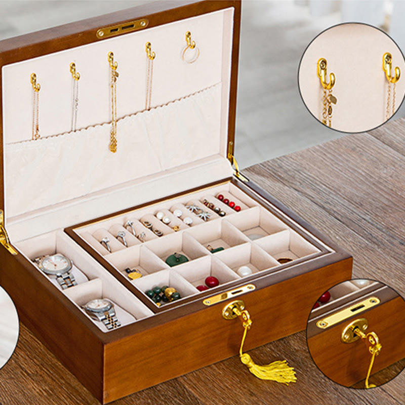 KarmaRipple's Vintage Wooden Jewelry Box Two-Layer Solid Wood Jewelry Storage Box p18