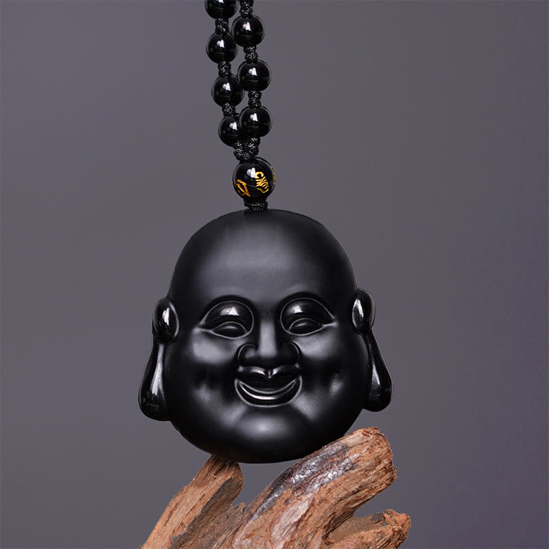 KarmaRipple's Authentic Black Obsidian Laughing Buddha Purification Pendant Necklace p2
