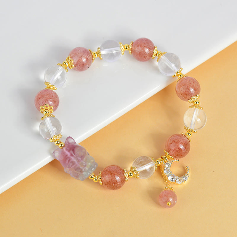 KarmaRipple's Authentic Ivory Strawberry Quartz Gemstone Balancing Love Nine Tailed Fox Moon Necklace Bracelet p3
