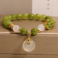 KarmaRipple's Green Tourmaline Chalcedony Four Leaf Clover Peace Buckle Talisman Wisdom Bracelet