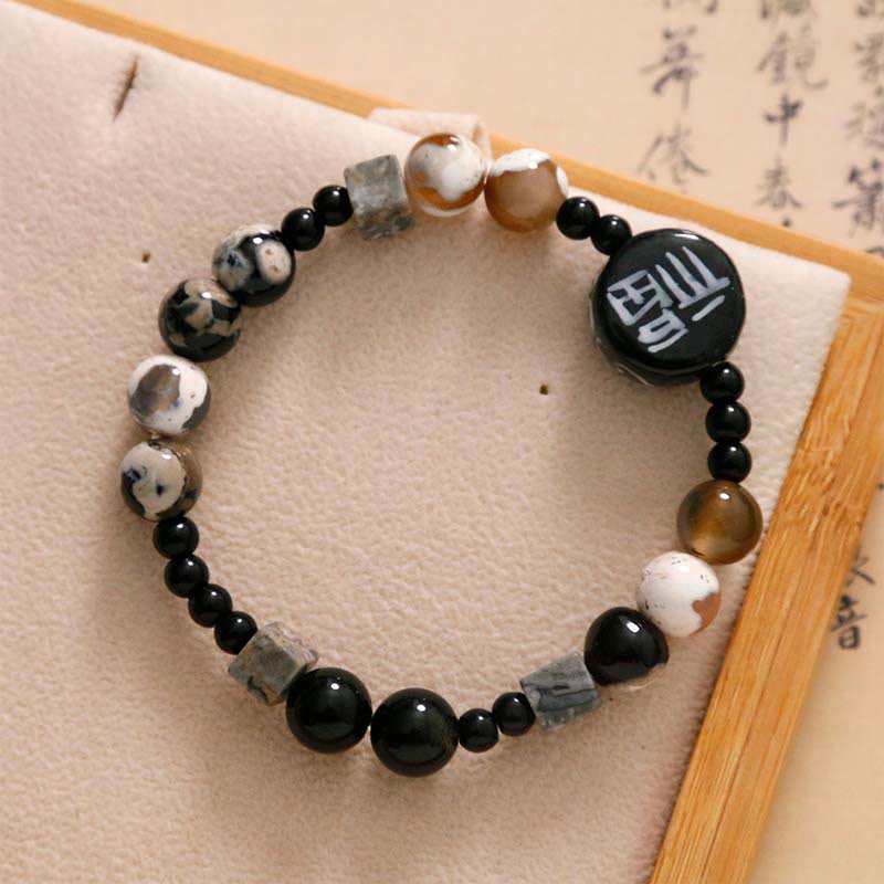 KarmaRipple's Black Onyx Ceramics Agate Black Glitter Stone Fortune Fu Character Bracelet p3