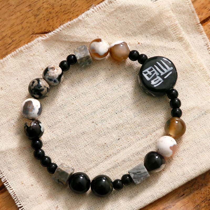KarmaRipple's Black Onyx Ceramics Agate Black Glitter Stone Fortune Fu Character Bracelet p1