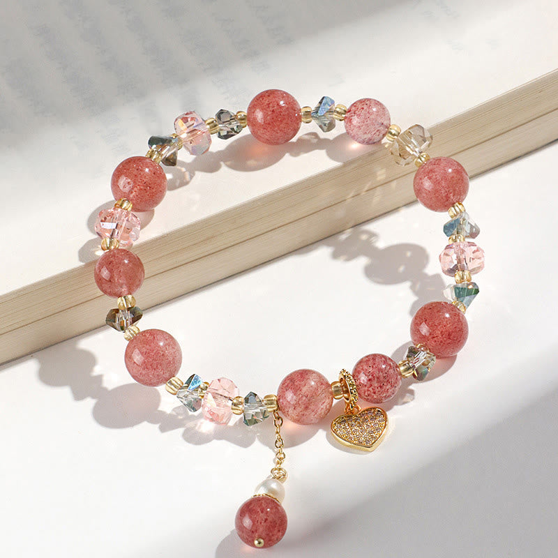 KarmaRipple's Strawberry Quartz Ivory Gemstone Pearl Liuli Heart Balancing Bracelet p5
