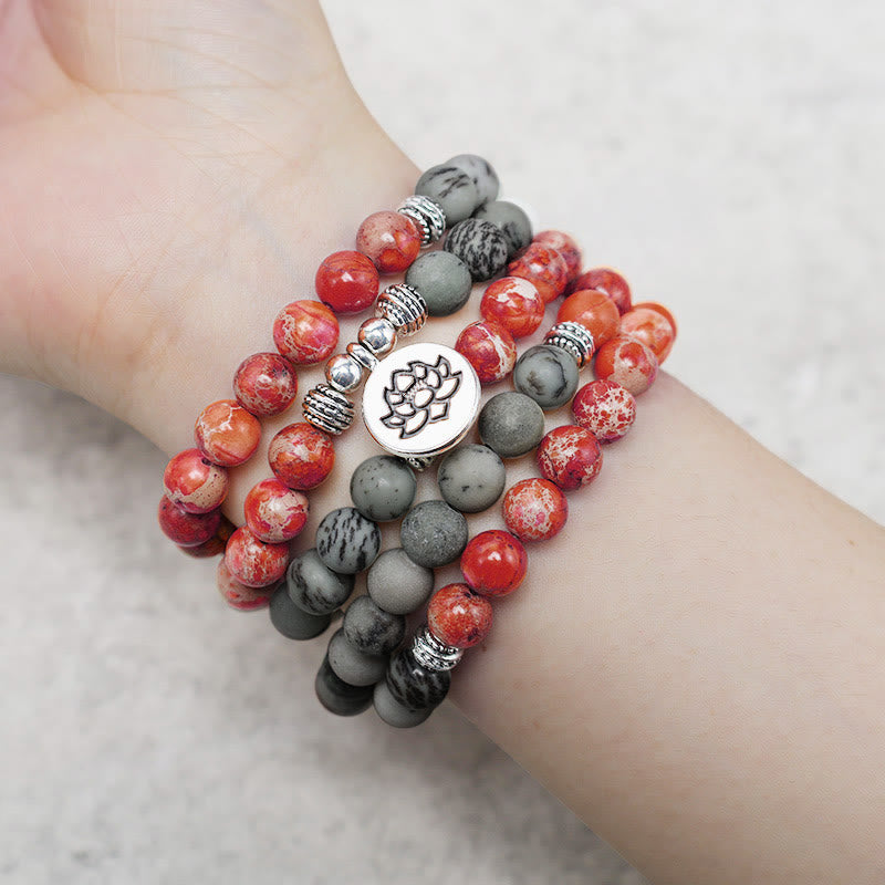 KarmaRipple's 108 Mala Beadwork Authentic Stone Sea Sediment Jasper Lotus Protection Bracelet p5
