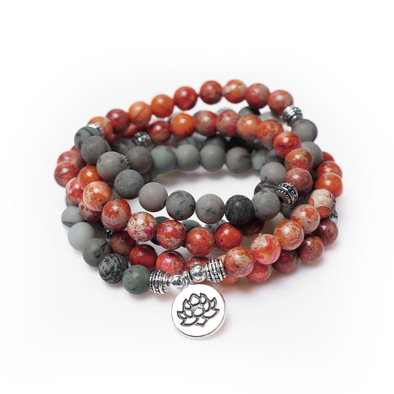 KarmaRipple's 108 Mala Beadwork Authentic Stone Sea Sediment Jasper Lotus Protection Bracelet p1