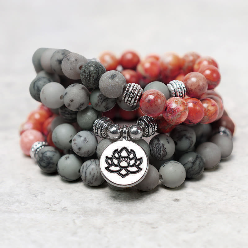 KarmaRipple's 108 Mala Beadwork Authentic Stone Sea Sediment Jasper Lotus Protection Bracelet p3