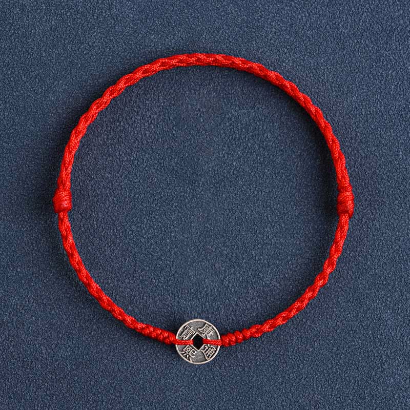 KarmaRipple's 925 Sterling Silver Five Emperor Coins Red String Protection Fortune Woven Bracelet Anklet p25