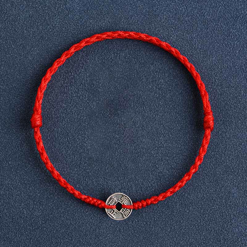 KarmaRipple's 925 Sterling Silver Five Emperor Coins Red String Protection Fortune Woven Bracelet Anklet p1