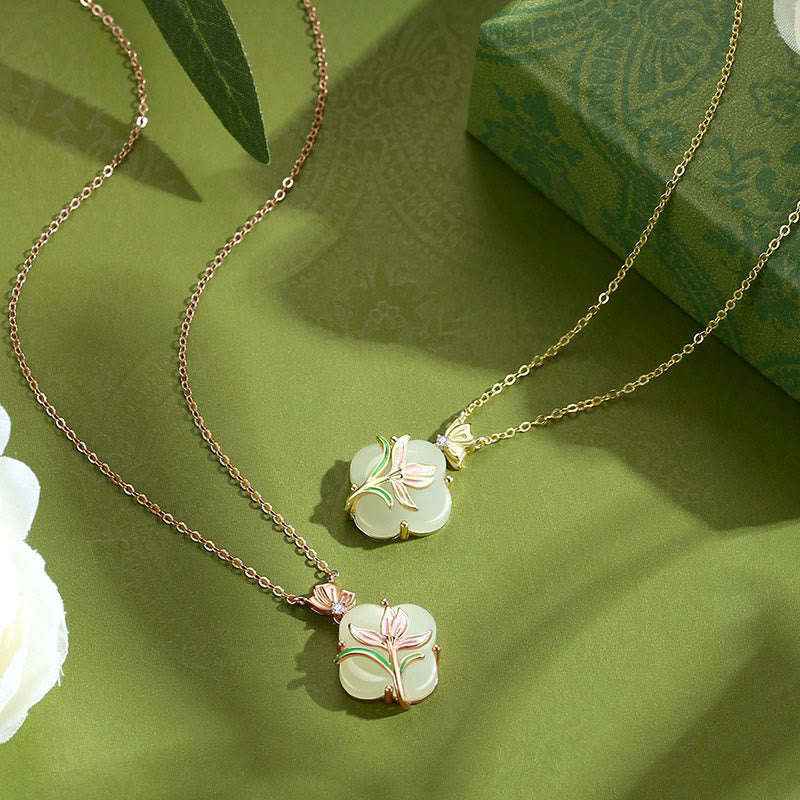KarmaRipple's 925 Sterling Silver Magnolia Butterfly Hetian Jade Four Leaf Clover Blessing Earrings Pendant Necklace p11