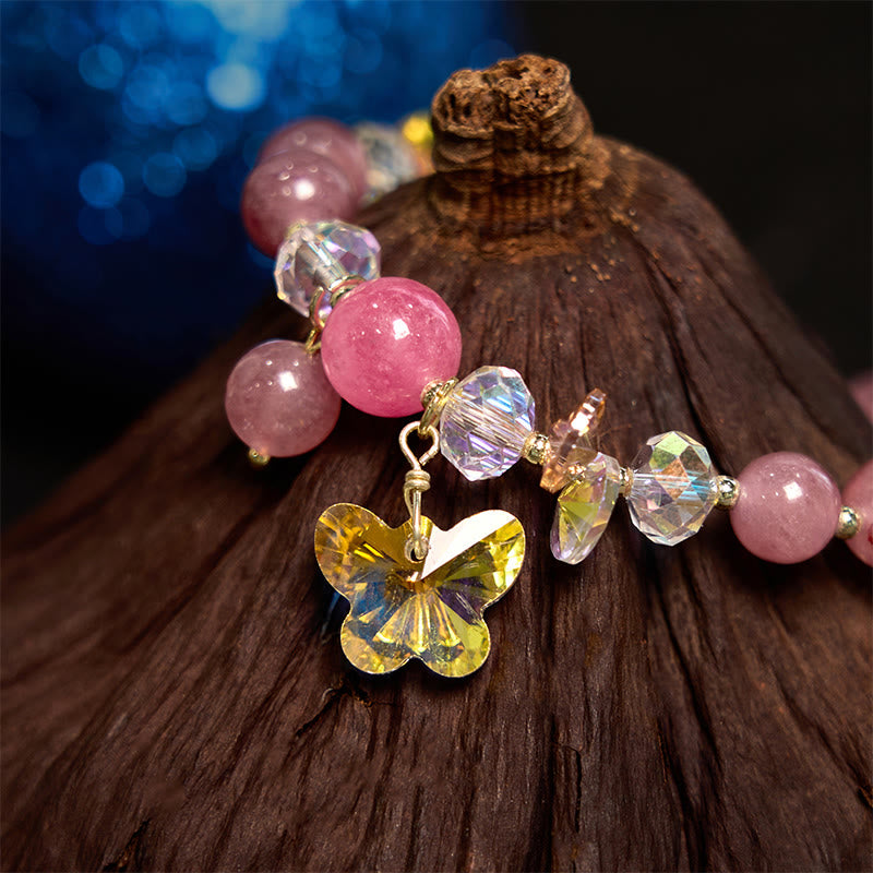 KarmaRipple's Strawberry Quartz Ivory Gemstone Pink Gemstone Butterfly Love Bracelet p11