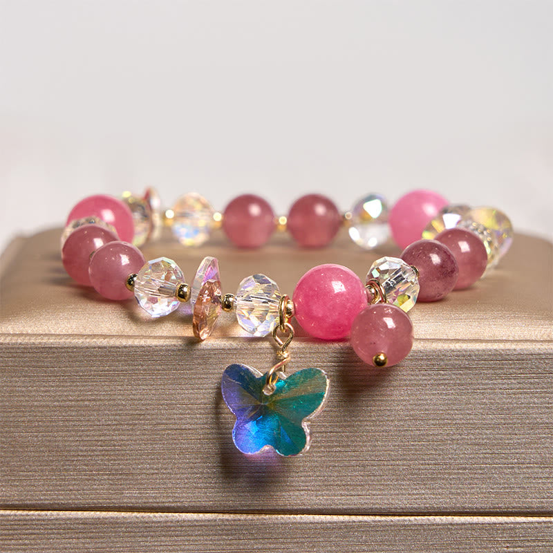 KarmaRipple's Strawberry Quartz Ivory Gemstone Pink Gemstone Butterfly Love Bracelet p3